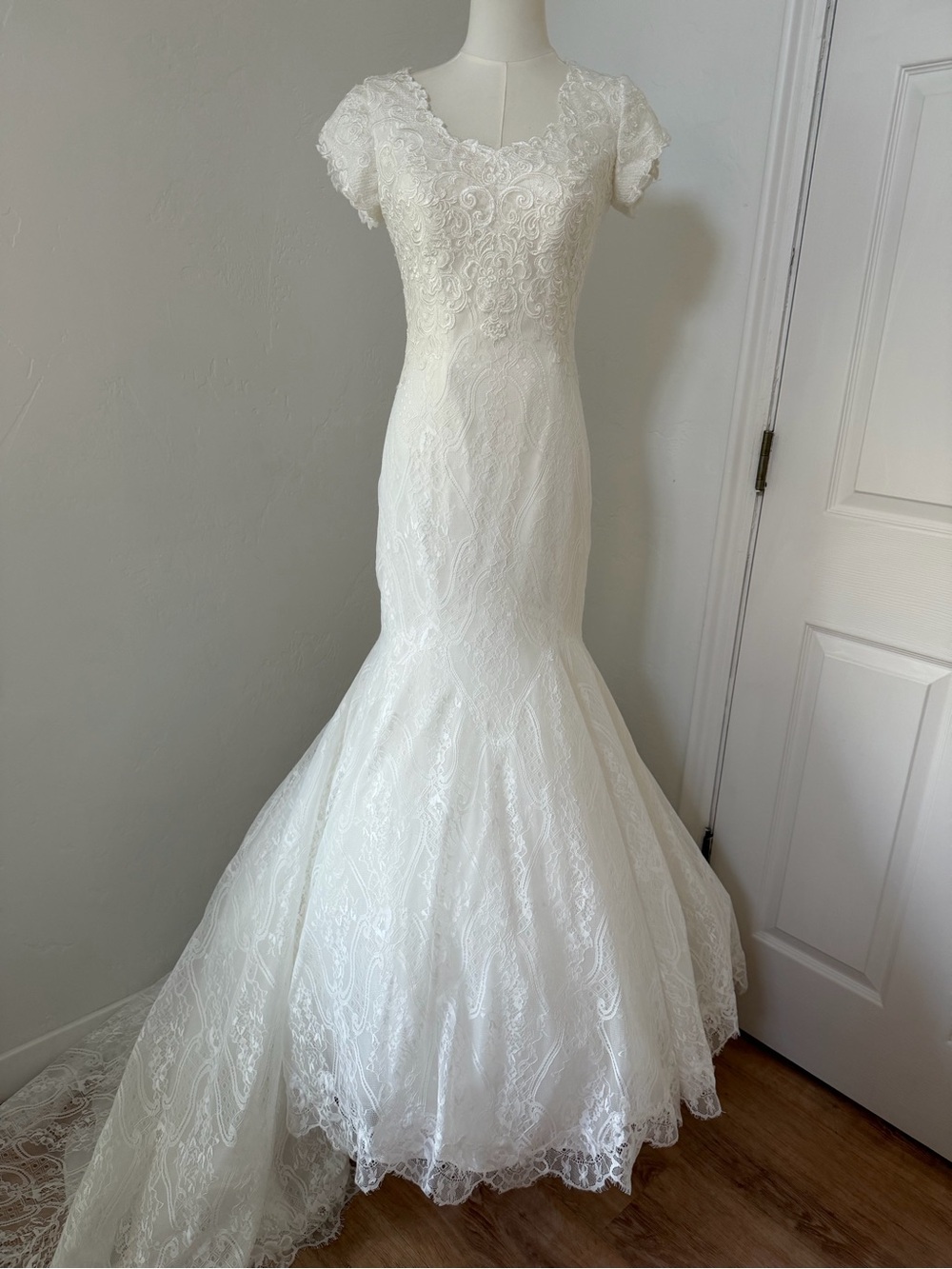 Allure Bridals M565 White Lace Mermaid Modest Wedding Dress with Cap Sleeves
